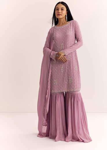 Lavender Chinon Sharara Suit With Cutdana Moti And Sequins