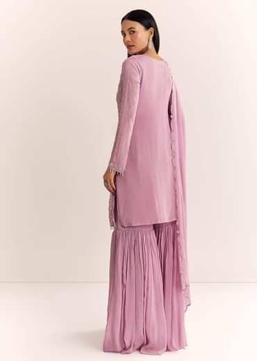 Lavender Chinon Sharara Suit With Cutdana Moti And Sequins