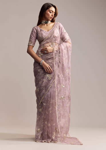 Lavender Crush Tissue Saree With Floral Embroidery