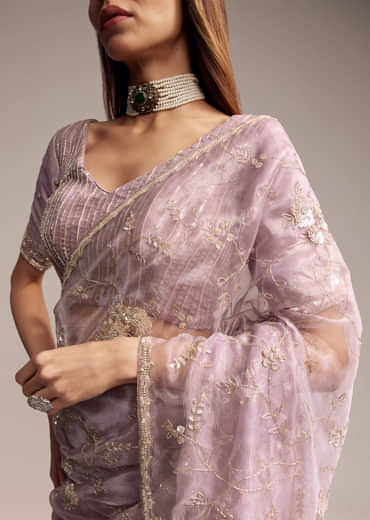 Lavender Crush Tissue Saree With Floral Embroidery