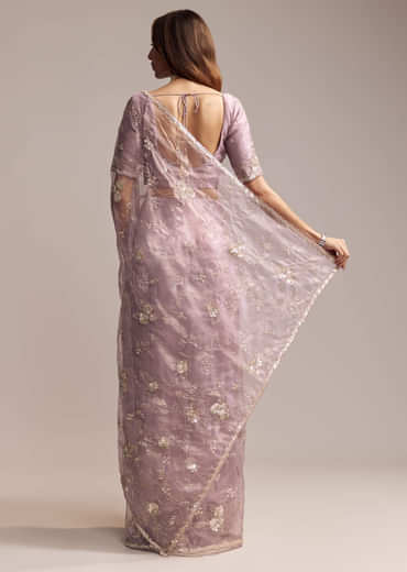 Lavender Crush Tissue Saree With Floral Embroidery