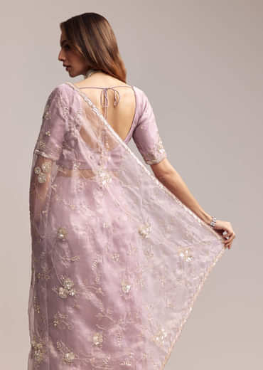Lavender Crush Tissue Saree With Floral Embroidery