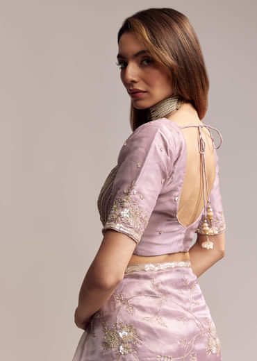 Lavender Crush Tissue Saree With Floral Embroidery