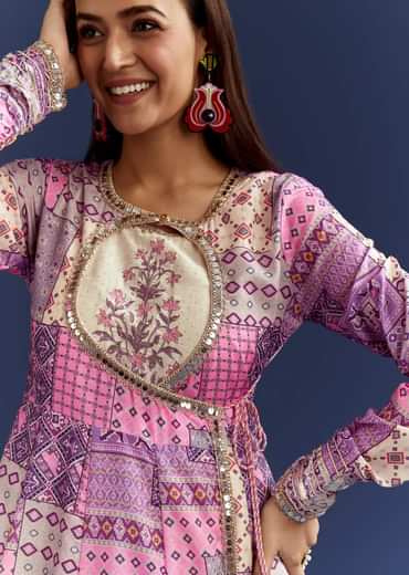 Lavender Floral Gotta Lace Kurta With Angrakha Jacket