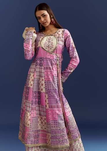 Lavender Floral Gotta Lace Kurta With Angrakha Jacket