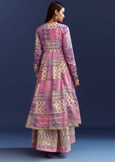Lavender Floral Gotta Lace Kurta With Angrakha Jacket