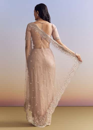 Lavender Net Saree With Scalloped Border