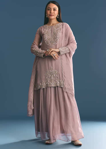 Lavender Organza Kurta Palazzo Suit With Zardosi Work