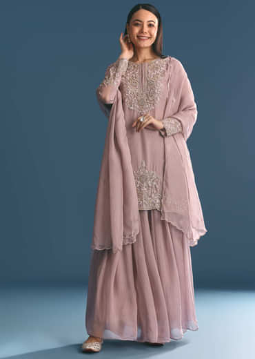 Lavender Organza Kurta Palazzo Suit With Zardosi Work