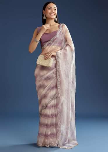Lavender Shaded Glass Tissue Stone Embellished Saree With Cutdana And Beads