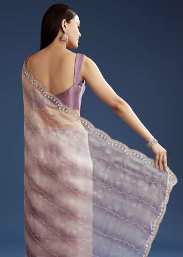 Lavender Shaded Glass Tissue Stone Embellished Saree With Cutdana And Beads