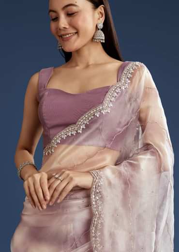 Lavender Shaded Glass Tissue Stone Embellished Saree With Cutdana And Beads