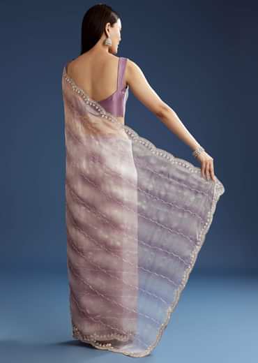 Lavender Shaded Glass Tissue Stone Embellished Saree With Cutdana And Beads
