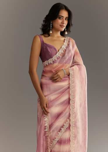 Lavender Shibori Organza Saree With Cutwork Scallop Embroidered Border