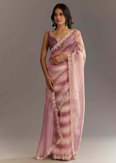 Lavender Shibori Organza Saree With Cutwork Scallop Embroidered Border