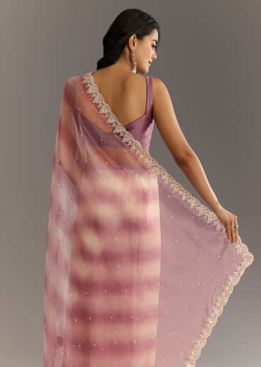 Lavender Shibori Organza Saree With Cutwork Scallop Embroidered Border