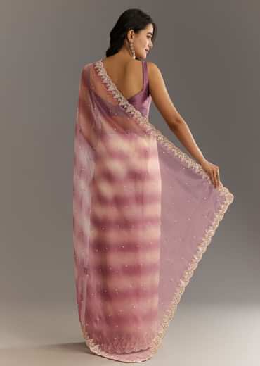 Lavender Shibori Organza Saree With Cutwork Scallop Embroidered Border