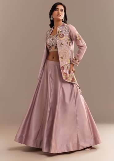 Lavender Silk Embroidered Jacket Lehenga Set