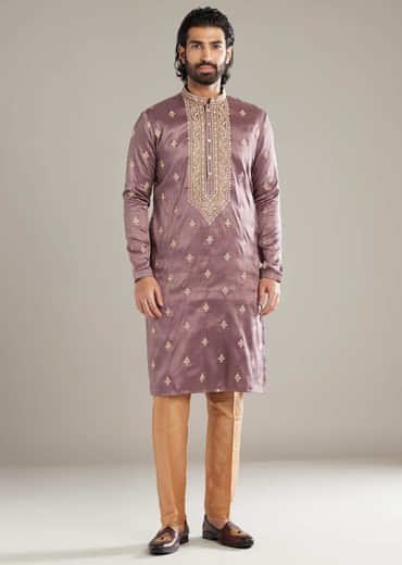 Lavender Silk Kurta Set For Men With Resham Hand Embroidery