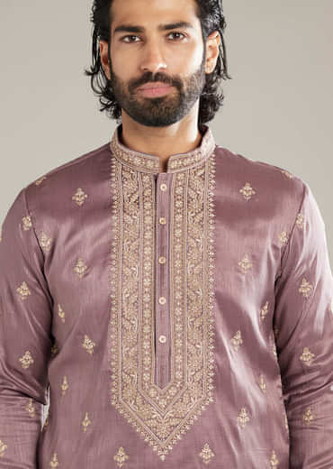 Lavender Silk Kurta Set For Men With Resham Hand Embroidery