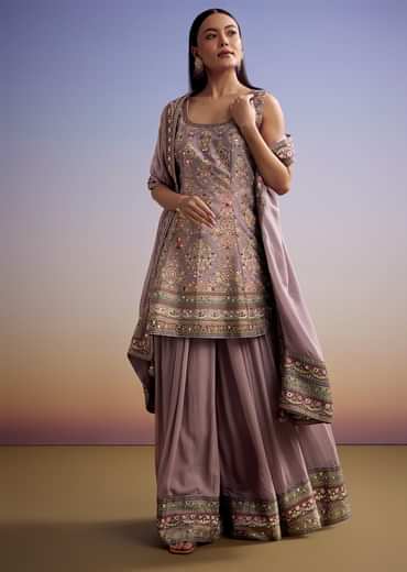 Lavender Silk Palazzo Suit With Stone Work And Printed Kurta