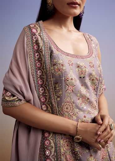 Lavender Silk Palazzo Suit With Stone Work And Printed Kurta