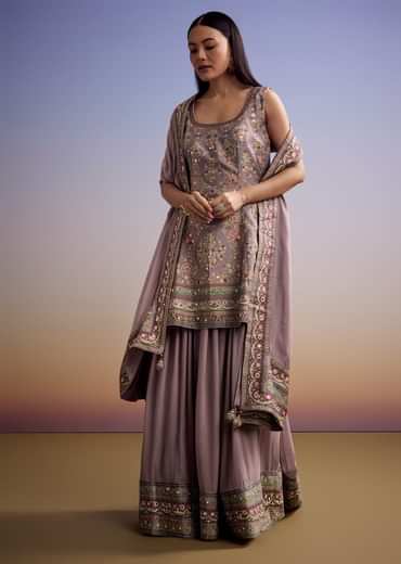 Lavender Silk Palazzo Suit With Stone Work And Printed Kurta
