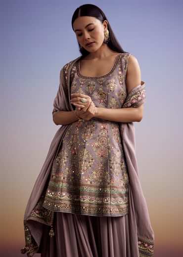 Lavender Silk Palazzo Suit With Stone Work And Printed Kurta