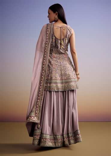 Lavender Silk Palazzo Suit With Stone Work And Printed Kurta