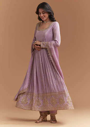 Lavender Tissue Anarkali Suit With Sequins And Beads Work
