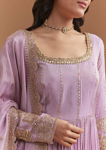 Lavender Tissue Anarkali Suit With Sequins And Beads Work