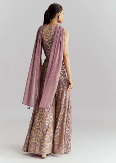 Lavender Tissue Crop Top And Palazzo Pant Set With Embroidery