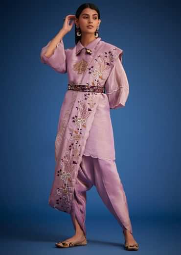Lavender Tissue Embroidered Dhoti Set