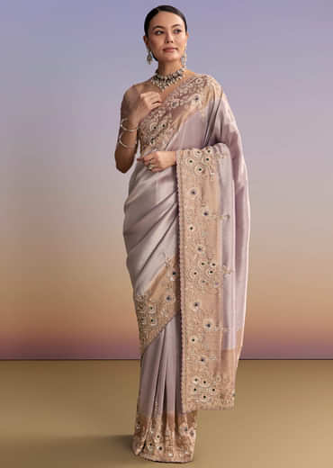 Lavender Tissue Embroidered Saree With Zari Border And Bead Work