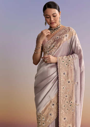 Lavender Tissue Embroidered Saree With Zari Border And Bead Work