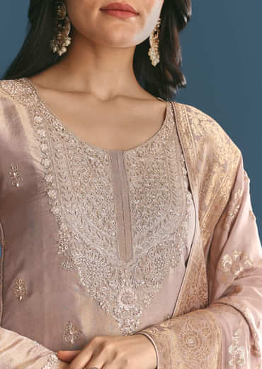 Lavender Tissue Kurta Sharara Suit With Moti And Cutdana Work