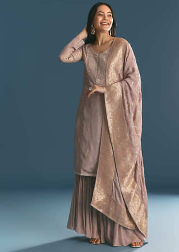 Lavender Tissue Kurta Sharara Suit With Moti And Cutdana Work