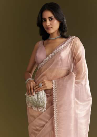 Lavender Tissue Saree With All Over Stone Embellishment And Cutdana Scallop Border
