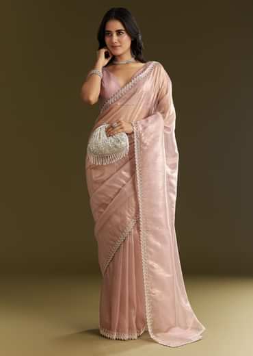 Lavender Tissue Saree With All Over Stone Embellishment And Cutdana Scallop Border