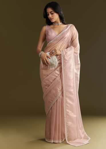 Lavender Tissue Saree With All Over Stone Embellishment And Cutdana Scallop Border