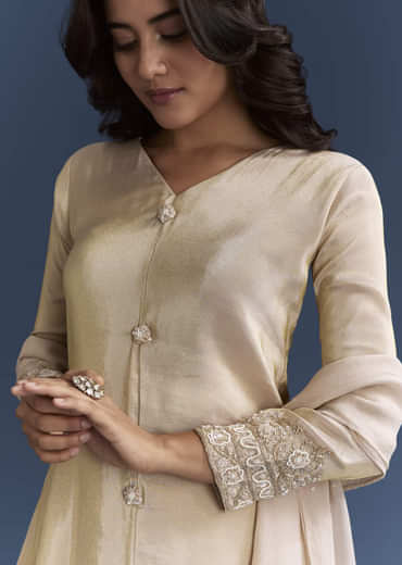 Beige Tissue Kurta Set With Organza Dupatta