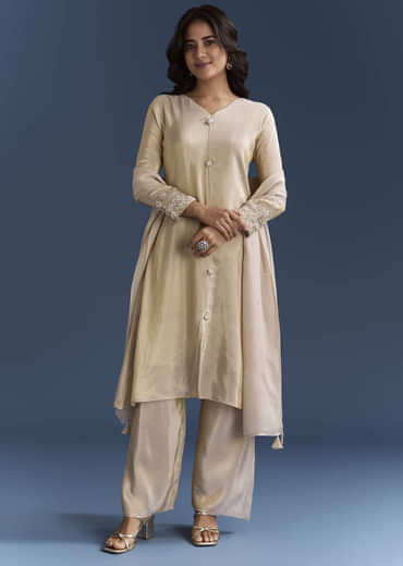 Beige Tissue Kurta Set With Organza Dupatta
