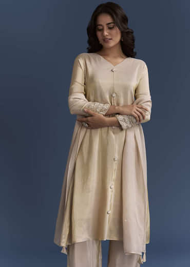 Beige Tissue Kurta Set With Organza Dupatta