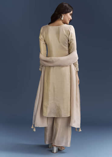 Beige Tissue Kurta Set With Organza Dupatta