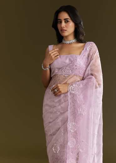 Lavender Tissue Saree With Floral Embroidery And Scallop Border