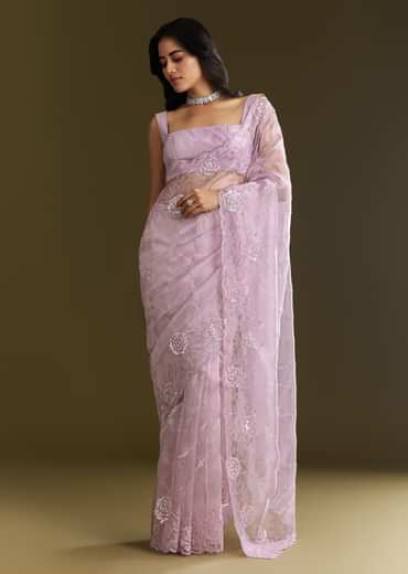 Lavender Tissue Saree With Floral Embroidery And Scallop Border