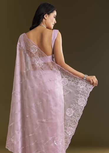 Lavender Tissue Saree With Floral Embroidery And Scallop Border