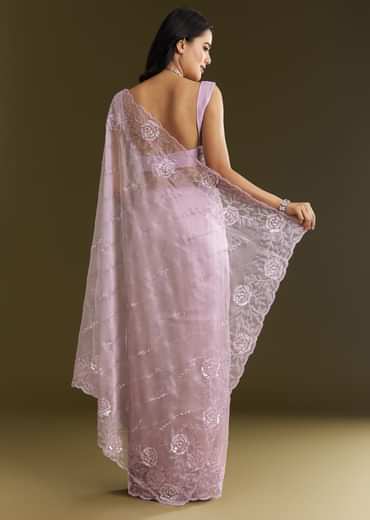 Lavender Tissue Saree With Floral Embroidery And Scallop Border