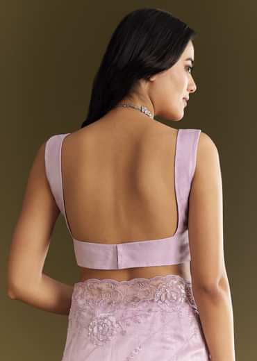 Lavender Tissue Saree With Floral Embroidery And Scallop Border