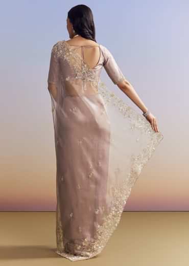 Lavender Tissue Saree With Floral Motifs In Moti Beads And Sequins